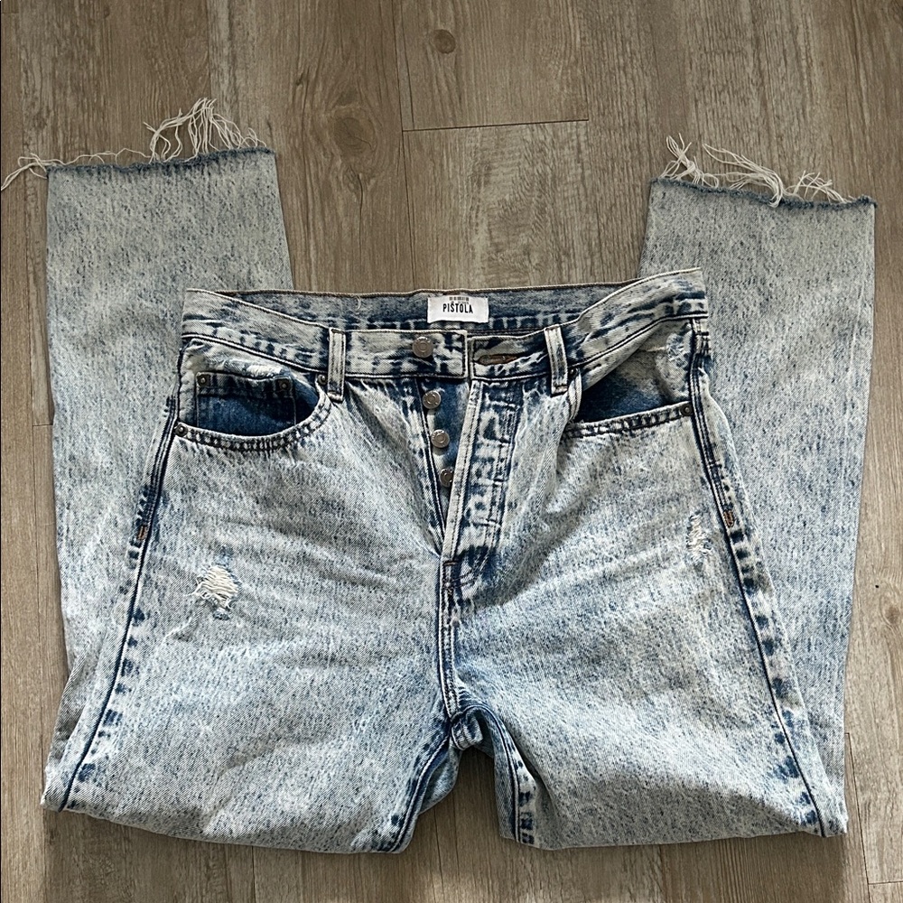 Pistola High Rise Button Fly Acid Wash Raw Hem